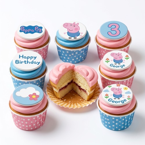 Assortment of pink and blue Peppa Pig themed birthday cupcakes with various edible toppers.