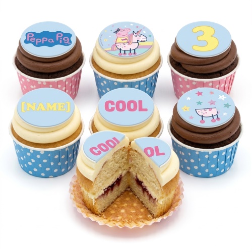 Peppa Pig and unicorn themed cupcakes with custom age and name toppers, in pink and blue cases.