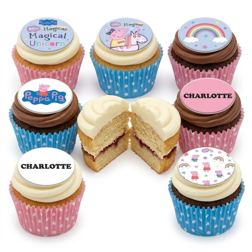 Peppa Pig and unicorn themed birthday cupcakes with rainbow and personalised name toppers.