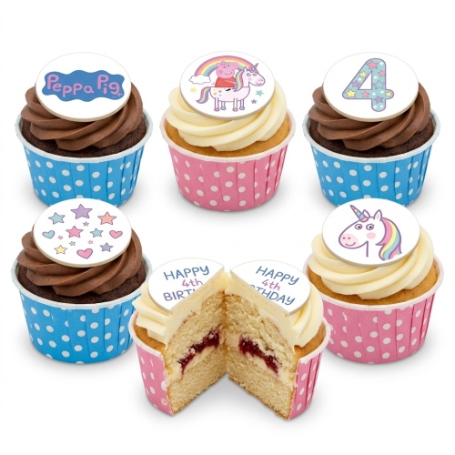 Kids birthday cupcakes with Peppa Pig, unicorn, stars, and custom age toppers.