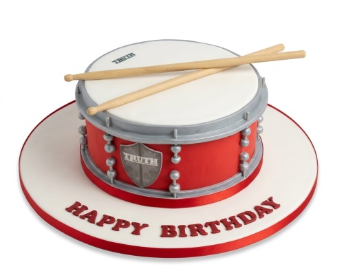 Red drum birthday cake with silver details and two drumsticks on top.