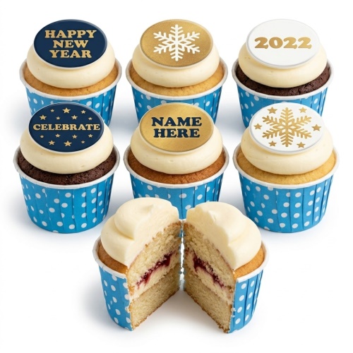 Gold and blue New Year cupcakes with snowflake and personalised name toppers.