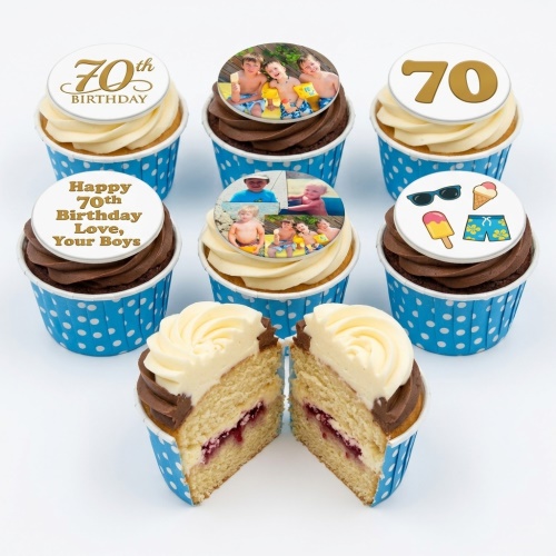 Cupcakes with photo toppers, custom age birthday message, and summer icons in blue polka dot cases.