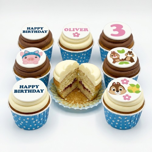 Kids birthday cupcakes with animal and character toppers, custom age, and personalised name examples.