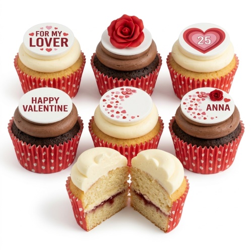 Assortment of romantic cupcakes with heart patterns, red rose, and custom message toppers.