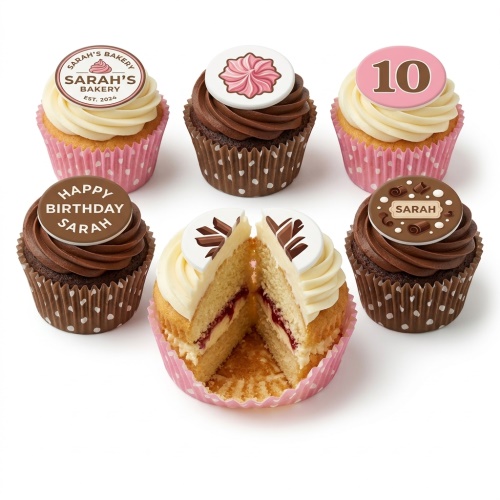 Vanilla and chocolate cupcakes with custom age, name, and swirl toppers in pink and brown.