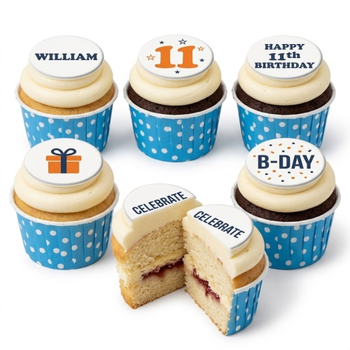 A selection of birthday cupcakes with white frosting and blue polka dot wrappers, featuring custom age and celebration message toppers.