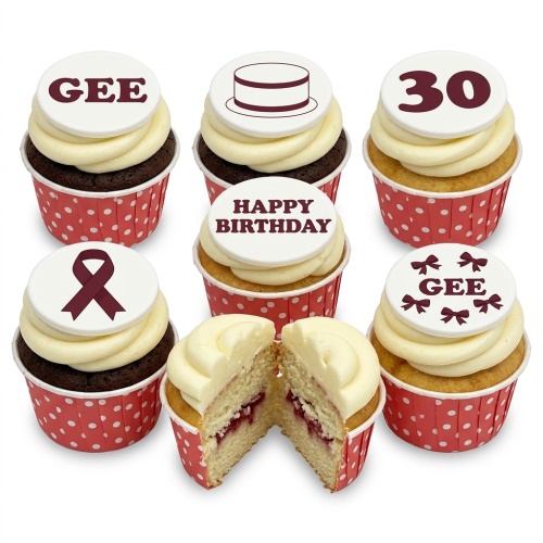 Assortment of birthday cupcakes with customisable toppers, including 'Happy Birthday', custom age, and personalised name examples.