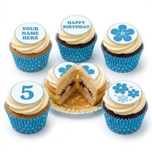 Blue floral birthday cupcakes with white frosting, custom age, and personalised message toppers.