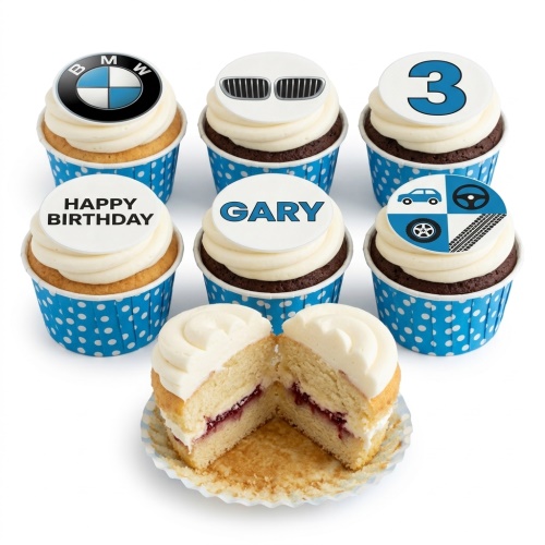 Set of six BMW themed birthday cupcakes with car grille, logo, and examples of customisable name and age toppers.