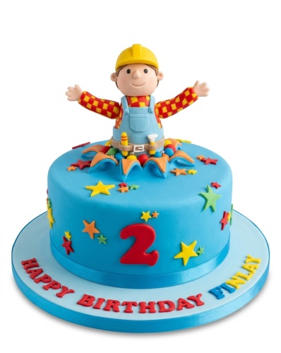 Blue fondant cake with Bob the Builder character, red number 2, and colourful stars.