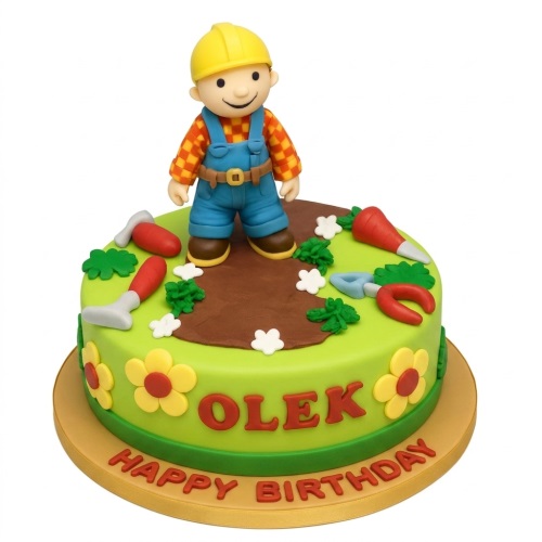 Round green Bob the Builder birthday cake with character figure, edible tools, and personalised message.