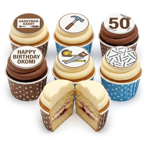 A set of tools theme birthday cupcakes with hammer, saw, tape measure, and screw toppers.
