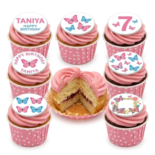 Pink cupcakes with butterfly toppers and custom age/name options.
