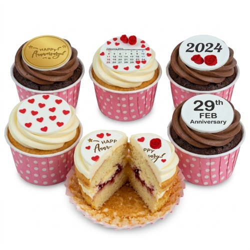 Anniversary cupcakes with 'Happy Anniversary', calendar, hearts, and rose decorations.