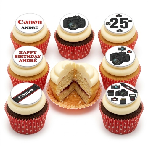 Photography themed birthday cupcakes with camera and Canon logo toppers, ideal for custom celebrations.