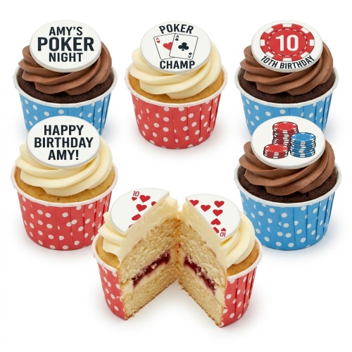 Poker themed cupcakes with playing cards, poker chips, and custom birthday messages.
