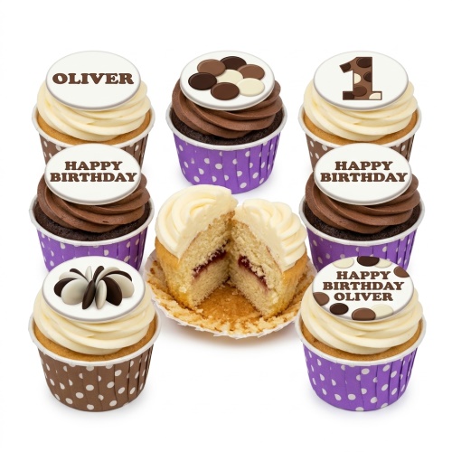 Cupcakes with white and chocolate frosting, decorated with chocolate buttons and edible toppers for a birthday celebration.