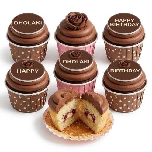 Set of chocolate cupcakes with chocolate frosting, some with chocolate roses, others with custom message discs.