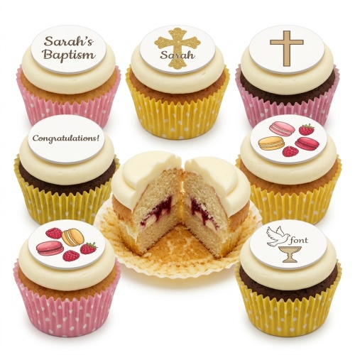 Assortment of Christening cupcakes with custom cross, dove, and personalised message toppers.
