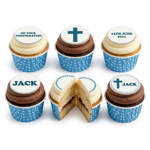 Cupcakes with vanilla and chocolate frosting, blue polka dot cases, and white fondant toppers featuring blue crosses and example custom messages.