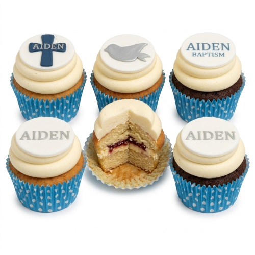 A selection of Baptism and Christening cupcakes with cross, dove, and custom name toppers on white and chocolate sponges.