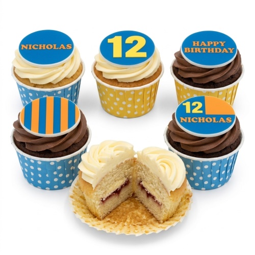 Assortment of vanilla and chocolate cupcakes with blue, orange, and yellow custom age and message toppers.