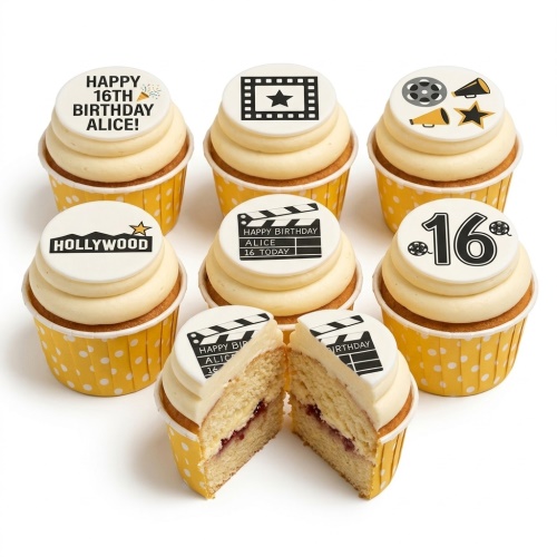 Hollywood theme birthday cupcakes with film reels, clapperboard, and custom age topper.