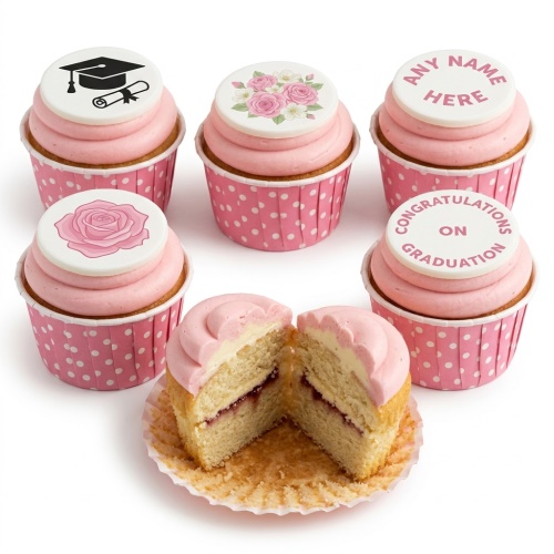 Six pink cupcakes with white toppers, featuring a graduation cap, floral designs, and custom message examples.