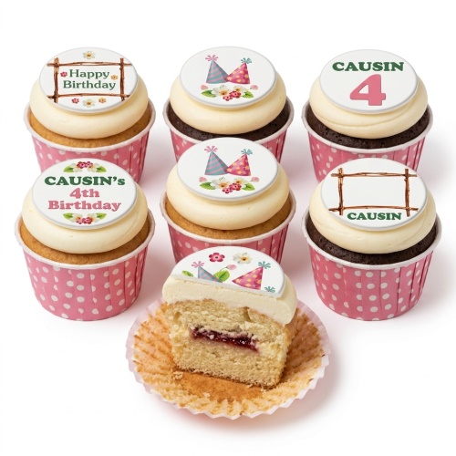 Birthday cupcakes for kids with party hat and floral toppers.
