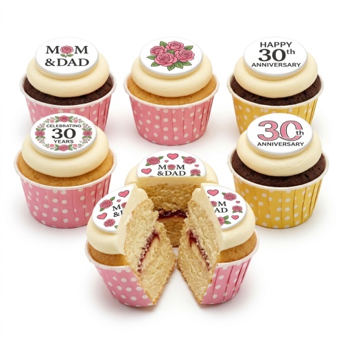 30th anniversary cupcakes for Mom & Dad with rose and heart toppers.
