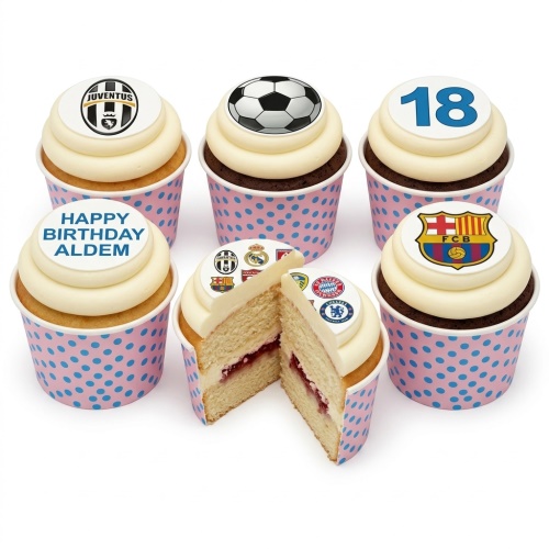 Six football themed birthday cupcakes with club logos, a football, and custom age and message toppers.