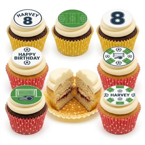 Assortment of football-themed cupcakes with edible toppers, including a pitch, whistle, goal, and custom age/name examples.