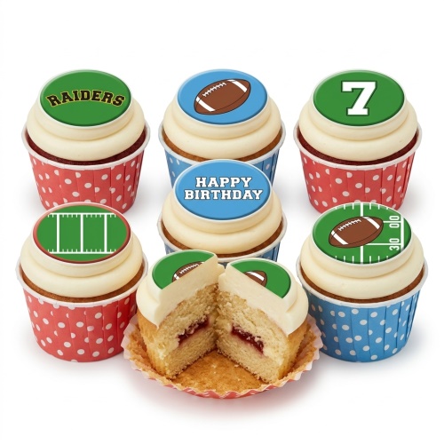 Six football-themed cupcakes with white frosting, red and blue polka dot wrappers, and customisable toppers.