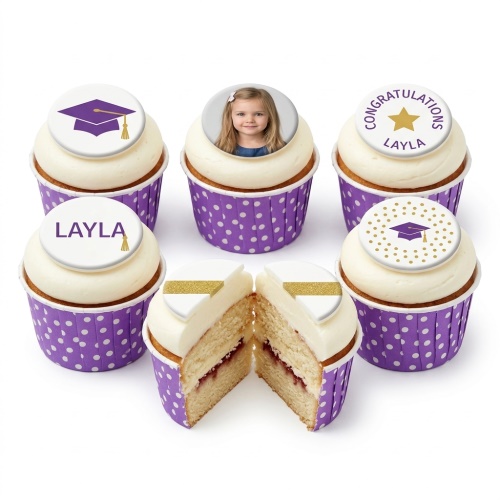 Six personalised graduation cupcakes with purple caps, gold stars, name 'Layla', and a child's photo.