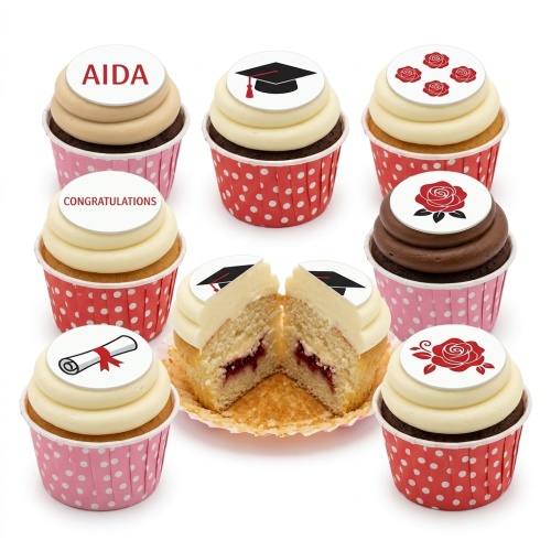 Graduation cupcakes with caps, diplomas, and red rose toppers on cream and chocolate frosting.