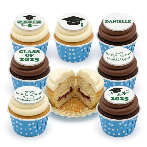 Selection of graduation cupcakes with white and chocolate frosting, featuring graduation cap, scroll, and 'Class of 2025' toppers.