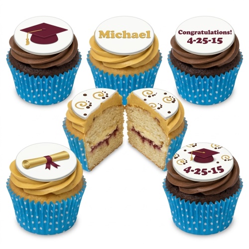 Graduation cupcakes with maroon caps, gold diplomas, personalised toppers in blue polka dot cases.