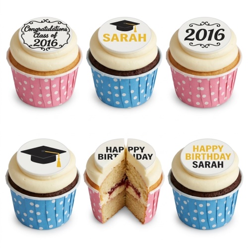 Six cupcakes with white frosting and custom edible toppers for birthday and graduation celebrations, in pink and blue polka dot wrappers.