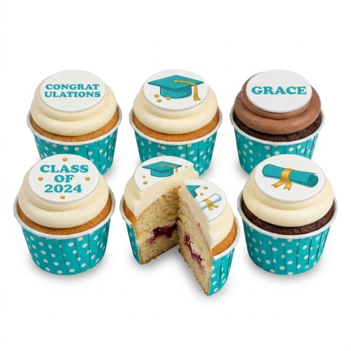 Vanilla and chocolate cupcakes with white frosting, teal graduation cap, diploma, and custom message toppers.