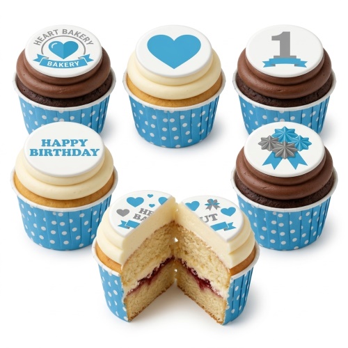 Blue and white birthday cupcakes with heart, ribbon, and custom age toppers