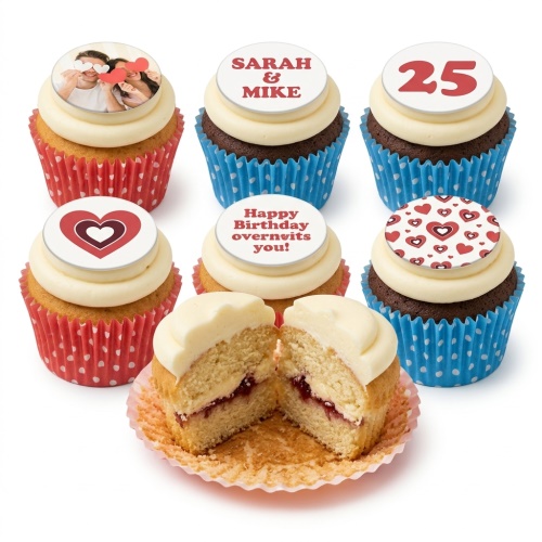 Assortment of personalised birthday cupcakes with photo, names, age, and heart designs.