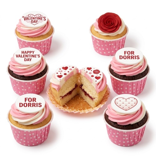 Valentine's Day cupcakes with pink and white frosting, red roses, and heart-themed toppers.
