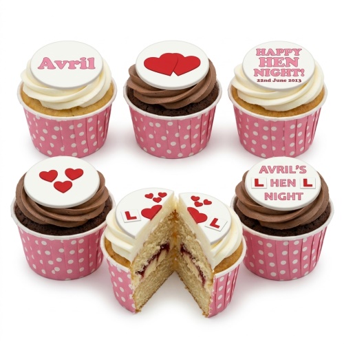 Hen Night cupcakes with white and chocolate icing, red hearts, L-plates, and customisable message toppers.