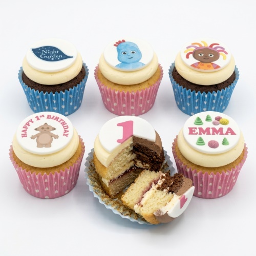 In the Night Garden themed cupcakes with Igglepiggle, Upsy Daisy, and Makka Pakka toppers, with custom age and name examples.