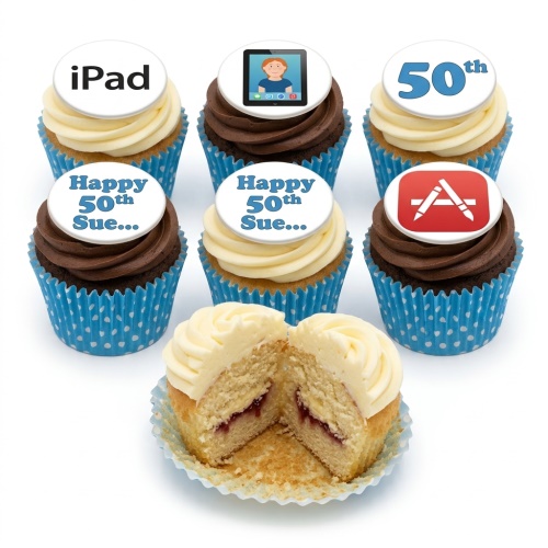 Cupcakes with iPad, App Store, and custom age toppers on vanilla and chocolate frosting.