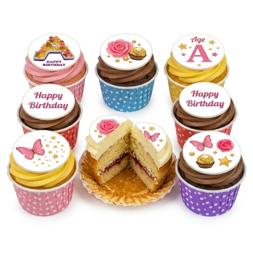 Assortment of floral and butterfly birthday cupcakes with custom age and initial toppers.