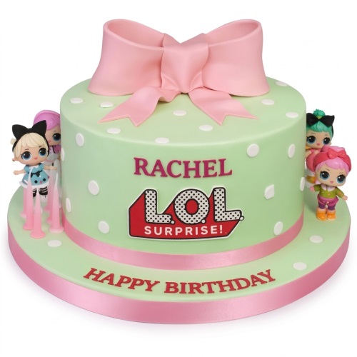 Round green LOL Surprise birthday cake with pink bow, white polka dots, and doll figurines.