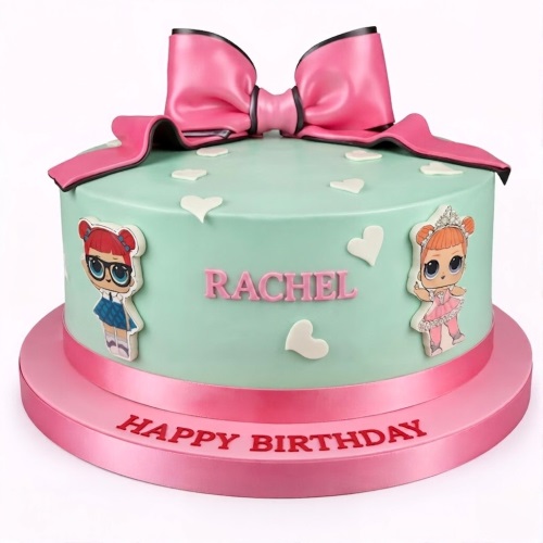 Round mint green cake with pink bow, white hearts, and LOL Surprise doll cutouts.
