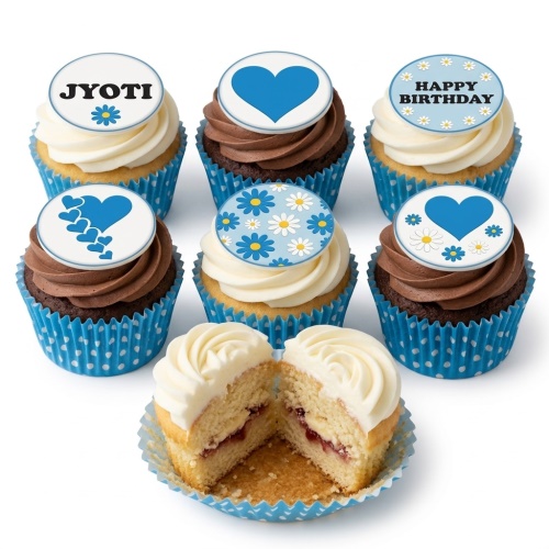 Blue and white floral and heart birthday cupcakes with custom message.